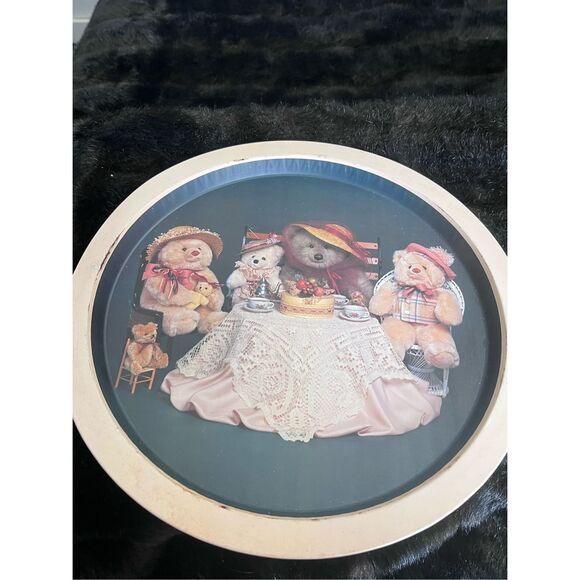 Vintage Teddy Bear Tea Party  Round Metal Tin Serving Tray - Picture 1 of 5